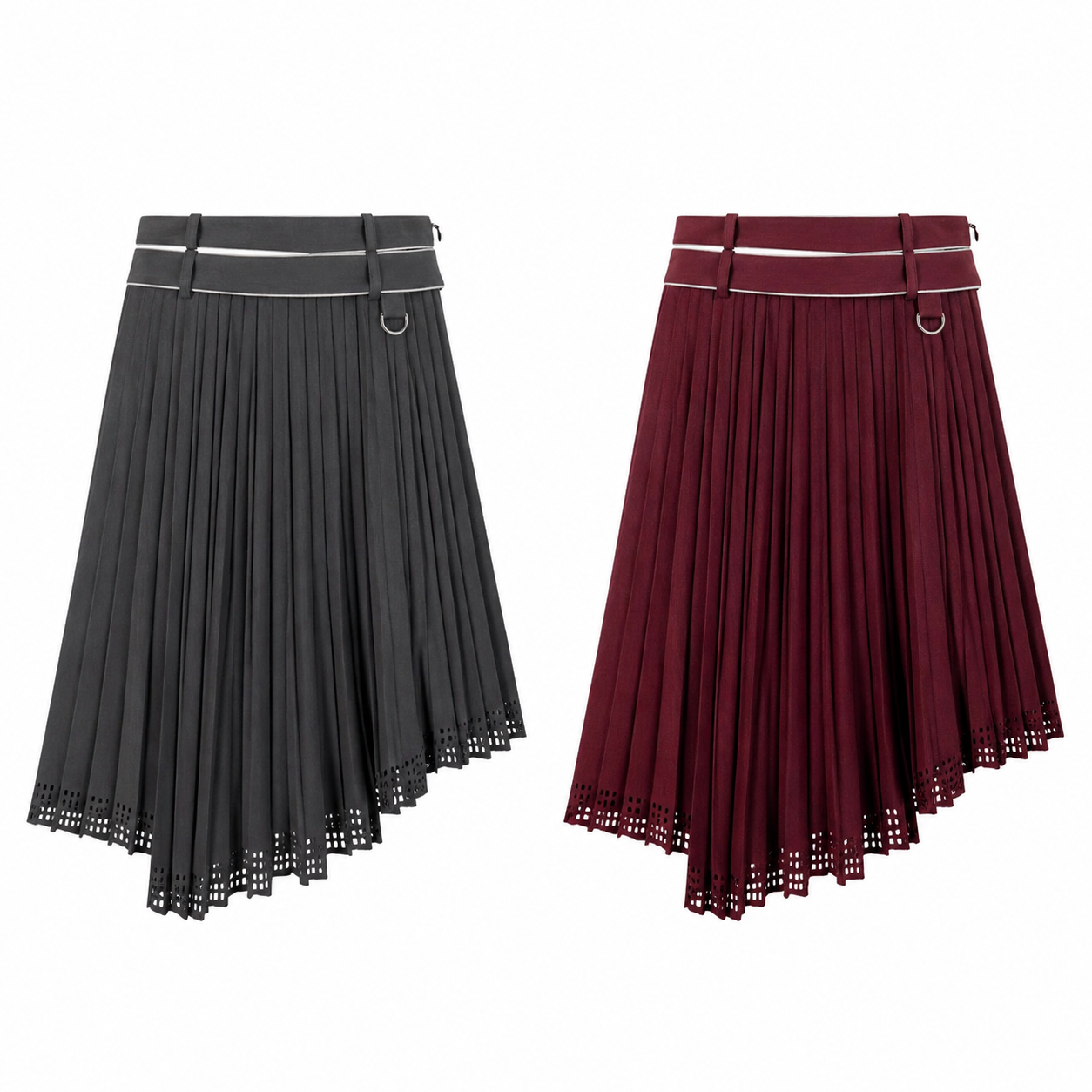 Deconstructed Double Waistband Asymmetric Hem Pleated Midi Skirt